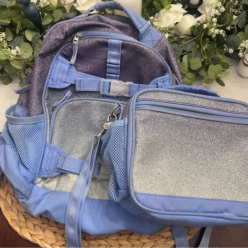 Good Condition Pottery Barn Purple + Silver Glitter Backpack Large with lunchbox